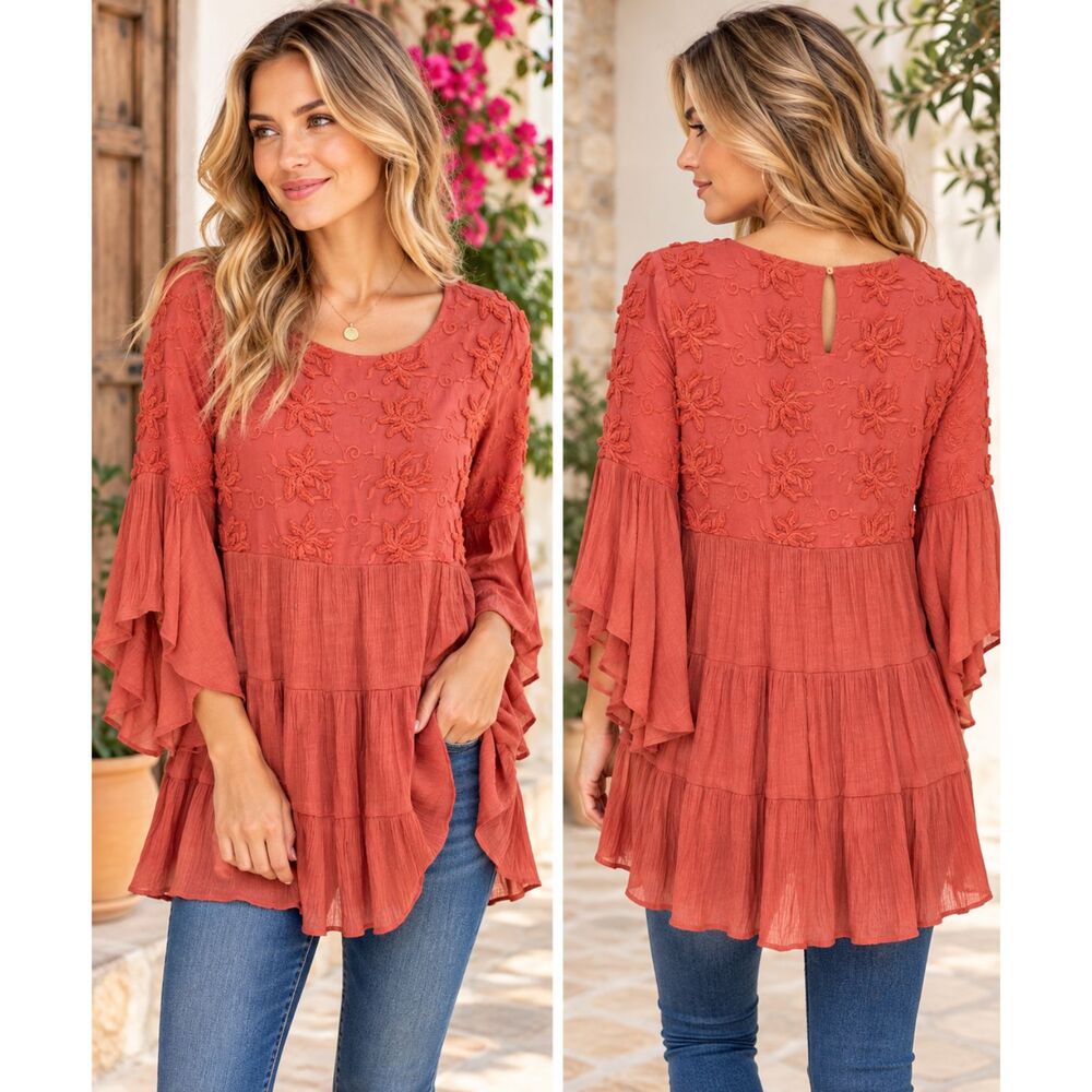 GIGIO Embroidered Tunic Top Rust Tiered Bell Sleeve Size M Boho Tiered